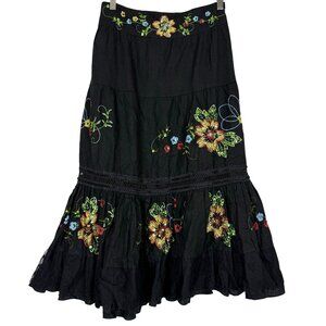 Women's Linen Tiered Midi Skirt 14 Black Floral Embroidery Sequin Festival Boho